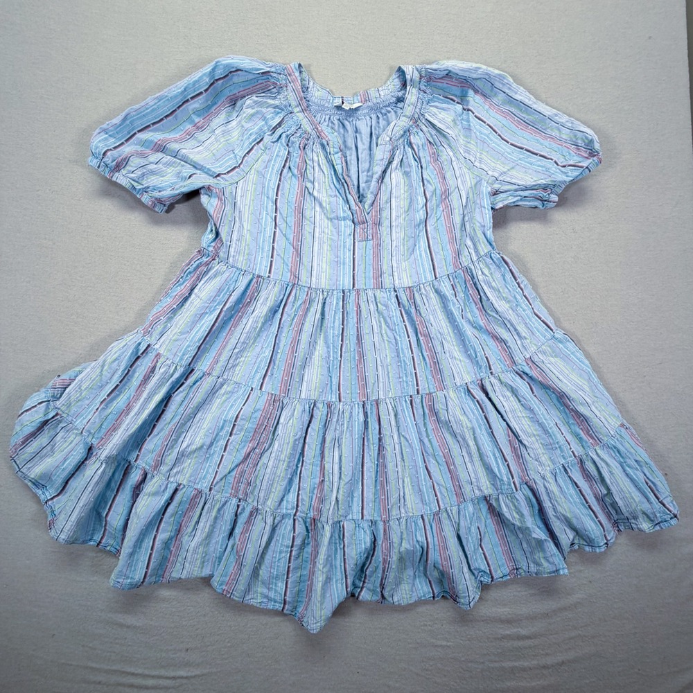 Crown & Ivy Tiered Babydoll Dress Womens PM Good Blue Striped Clip Dot Mini